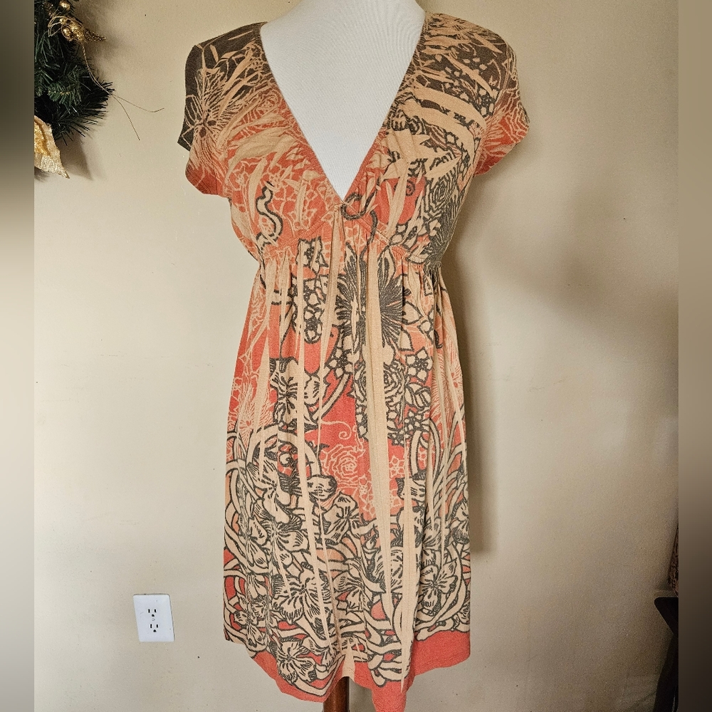 Orange Flower patterned Vneck Dress
